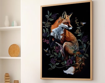 Fox with Berries and Bees Dark Art Print Canvas or Poster Print, Animal Art Print, Dark Botanical Fox Dark Academia Witchy Wall Art