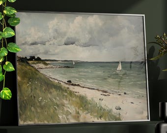 Vintage Beach Painting Poster or Canvas Print, Muted Seascape Beach House Decor, Moody Summer Print, Antique Coastal Art, Cottagecore Decor