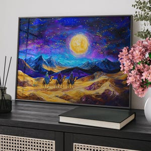 Three Wise Men on Camels Under Starry Night Sky Painting Poster or Canvas Print, Van Gogh Style Desert Art, Moonlit Desert Gold  Blue Art