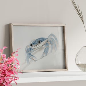 Minimalist Blue Crab Watercolor Painting Poster or Canvas Print, Neutral Ocean Inspired Art, Sealife Nursery Decor, Beach House Wall Art