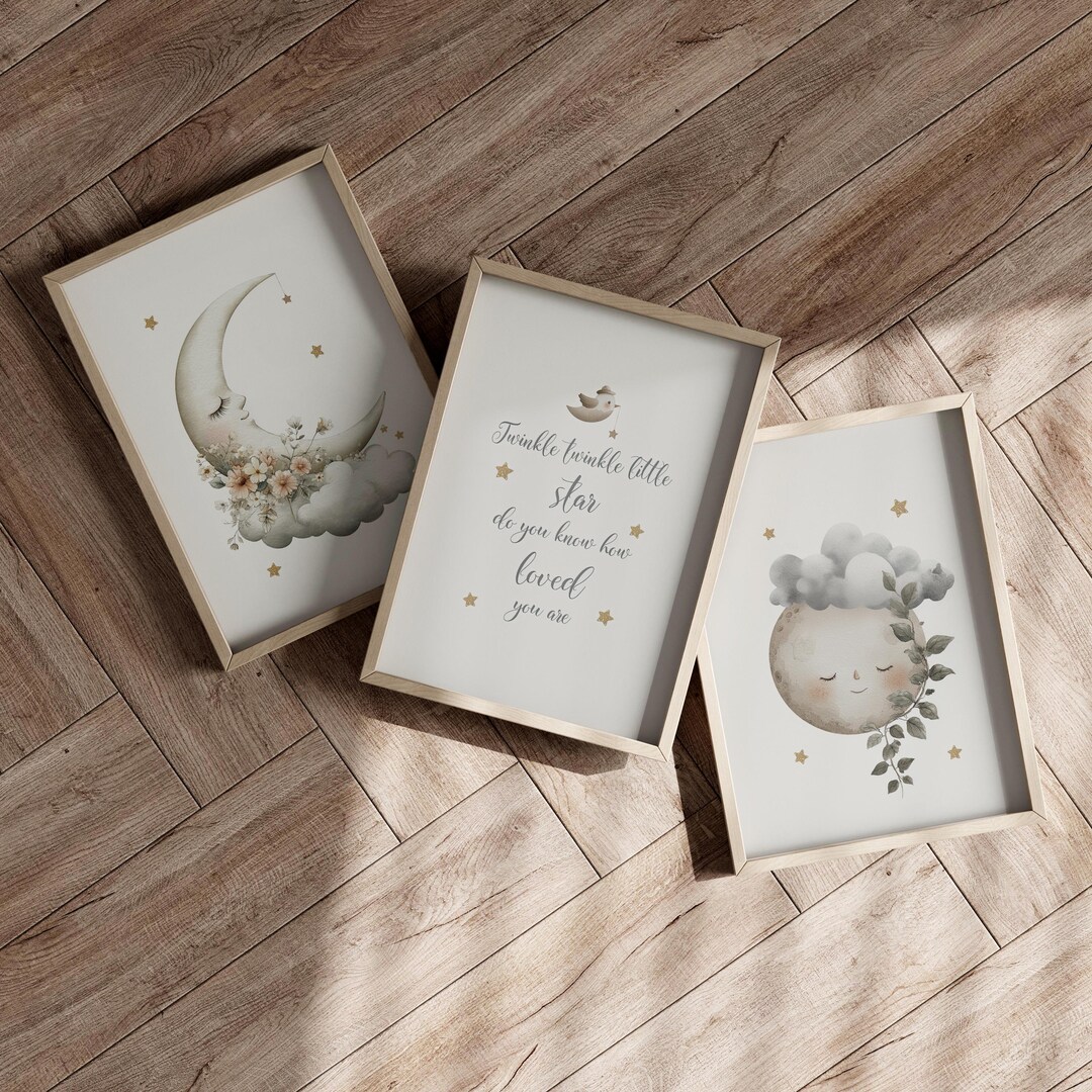 Neutral Moon and Stars Nursery Wall Art Set of 3 Poster or Canvas Print ...