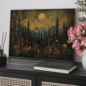 Moonlit Mountains and Pine Forest Painting Poster or Canvas, Full Moon over Wildflower Field Rustic Landscape Night Sky Nature Art Print