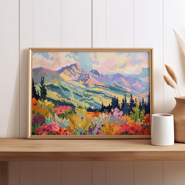 Póster o lienzo abstracto de las Montañas Rocosas y un campo de flores silvestres, arte botánico impresionista y colorido de la naturaleza.