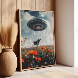 Cow Abduction Surreal UFO Art Print Poster or Canvas, Retro Animal Alien Trippy Wall Decor, Surreal Art Pint, Funny Cow and Spaceship Poster