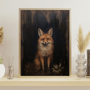 Rustic and Vintage Dark Academia Fox Oil Painting Wall Art or Canvas, Realistic Gothic Woodland Animal Poster, Cute & Naïve Fox Oil Painting