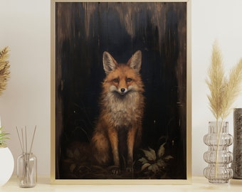 Rustic and Vintage Dark Academia Fox Oil Painting Wall Art or Canvas, Realistic Gothic Woodland Animal Poster, Cute & Naïve Fox Oil Painting