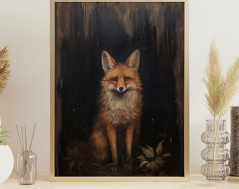 Rustic and Vintage Dark Academia Fox Oil Painting Wall Art , Realistic Gothic Woodland Animal Poster, Cute and Naive Fox Oil Painting Canvas