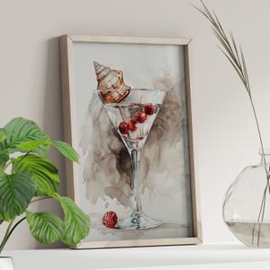 Martini Conch Seashell Watercolor Art Print or Canvas, Cocktail Drink Glassware, Beach Wine Glass Poster, Shell Ornament Drinkware Home Deco