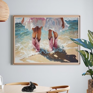 Girls Preppy Pink Cowgirl Boots Oil Painting Poster or Canvas Print, Girls in Boots Wall Art, Vintage Cowgirl Print, Girl&#39;s Room Wall Decor