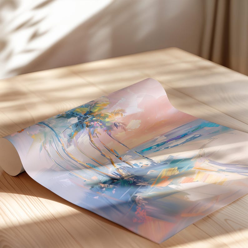 Palm Tree Girly Pastel Pink Blue Abstract Coastal Art Poster or Canvas