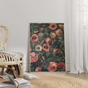 California Poppy William Morris Wall Art Print Canvas, Vintage Flower Gift For Her in Cottagecore Dark Academia Decor, Mid Century Botanical
