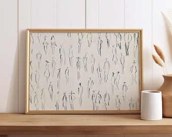 Simplistic Line Art of Human Figures Abstract Vintage Drawing Art Print Canvas or Poster Print, Minimalistic Art Print Vintage Wall Art