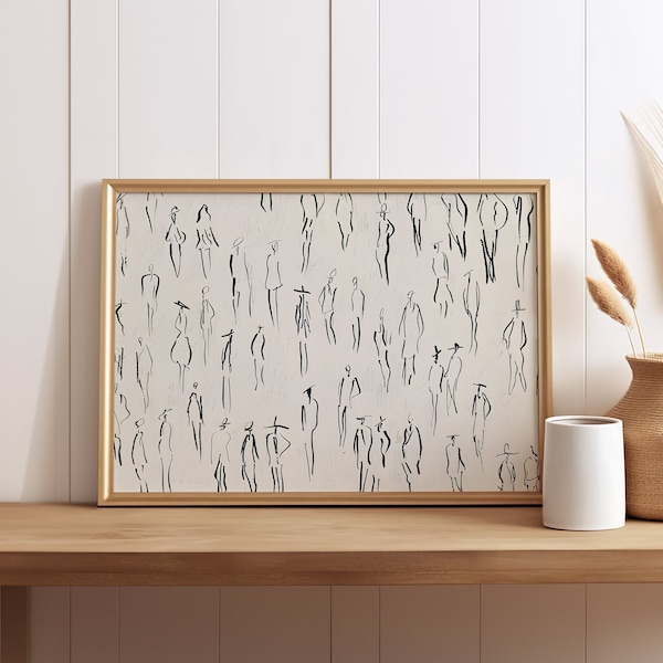 Simplistic Line Art of Human Figures Abstract Vintage Drawing Art Print Canvas or Poster Print, Minimalistic Art Print Vintage Wall Art