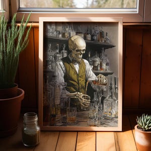 May include: Framed artwork featuring a skeleton bartender pouring a drink. The skeleton wears a vest and bow tie, set against a backdrop of liquor bottles. The artwork is in a wooden frame, with a rustic aesthetic.