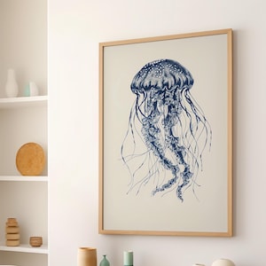 Dark Blue Jellyfish Minimalist Drawing Art Poster or Canvas Print, Jellyfish Art, Coastal Nautical Art, Sea Life Wall Art, Beach House Decor