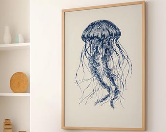 Dark Blue Jellyfish Minimalist Drawing Art Poster or Canvas Print, Jellyfish Art, Coastal Nautical Art, Sea Life Wall Art, Beach House Decor