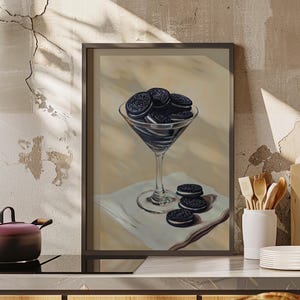 Oreo Cookies in Martini Glass Oil Painting Poster or Canvas Print, Minimalist Food Paintings, Girl Dinner Art, Food Still Life Kitchen Decor