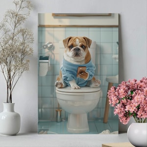 Dog Sitting on Toilet with Mobile Phone Art Print or Canvas, Whimsical Dog on The Toilet Poster, Funny Dog Animal Print Bathroom Wall Decor