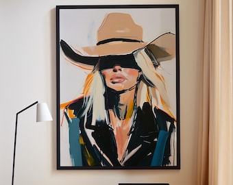 Cowgirl Western Woman With Blindfold Wall Art Poster or Canvas Print, Western Art Print, Abstract Cowgirl Art Print, Retro Cowgirl Print