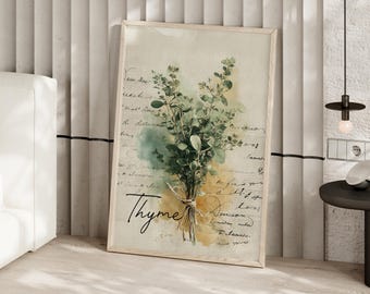 May include: A framed botanical print featuring a watercolor illustration of thyme. The artwork showcases a bundle of green thyme tied with twine, set against a backdrop of faded script and watercolor washes in shades of yellow and blue. The word "Thyme" is written in cursive.