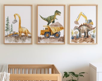 3 Piece Set Construction Dinosaurs Watercolor Art Print or Canvas, Minimalist Animal Nursery Wall Modernism Wall, Worker Nursery Kids Room