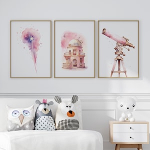 Nursery Decor Astronomer Girl Set Of 3 Wall Art Print or Canvas, Nursery Shooting Star, Watercolor Science Lover Sky Observatory Poster