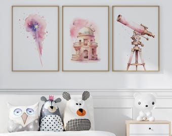Nursery Decor Astronomer Girl Set Of 3 Wall Art Print or Canvas, Nursery Shooting Star, Watercolor Science Lover Sky Observatory Poster