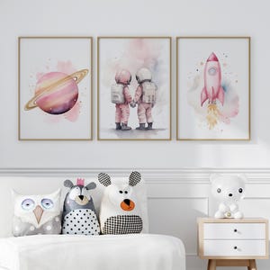 Twins Pink Nursery Decor Space Girl Outer Space Set Of 3 Poster or Canvas, Nursery Wall Art, Watercolor Space Nursery Print Two Astronauts