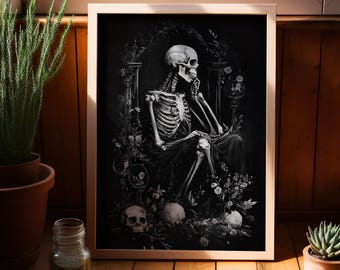 Dark Macabre Skeleton Art Poster or Canvas Print, Gothic Memento Mori Wall Art, Dark Chiaroscuro Skull Poster, Halloween Skull Art Decor