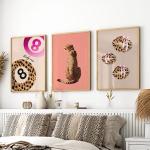 Leopard Animal Print Set of 3 Wall Art Poster or Canvas Print, Coquette Kiss Art Lucky 8 Ball Trendy Preppy Home Decor, Girly Home Decor