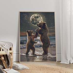 Mother Bear and Baby Bear Dancing Under the Moonlight Coastal Art Poster or Canvas Print, Bears and Moon Enchanting Scene Beach Wall Art