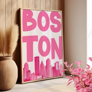 Pink Boston Art Print Poster or Canvas, Boston Typography Wall Art, Trendy Home Decor, Mnimalist Retro Travel Poster, Boston City Print