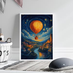 Girl in Hot Air Balloon Over a Small Town with Starry Night Sky Van Gogh Inspired Painting Poster or Canvas, Whimsical Hot Air Balloon Print