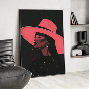 Elegant Pink Black Woman in Cowgirl Hat Art Print or Canvas, Coastal Country Cowgirl Minimalist Poster, Dark Black and Pink Poster