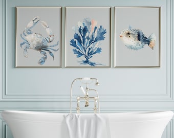 Coastal Wall Art Set of 3 Canvas or Poster, Crab Seaweed Puffer Fish Prints, Beach House Decor, Minimalist Sea Life Artwork, Blue Beige Trio