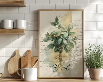 May include: A framed botanical print featuring a watercolor illustration of fresh basil. The artwork showcases a bundle of green basil leaves tied with twine, with the word "Basil" written in cursive. The background has faded script and watercolor washes.