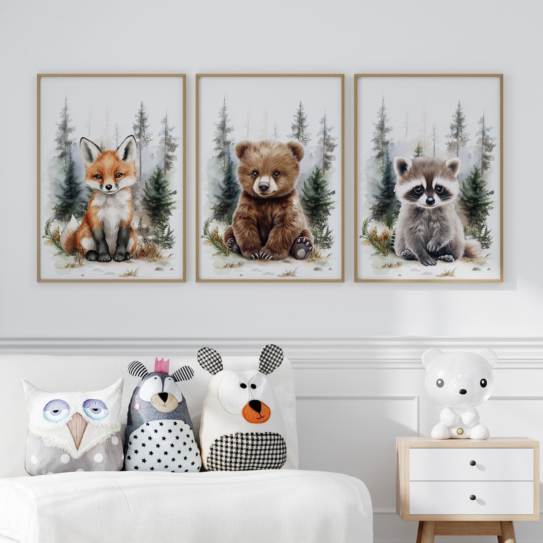Woodland Baby Animals Nursery Wall Art Set of 3 Prints Poster or Canvas ...