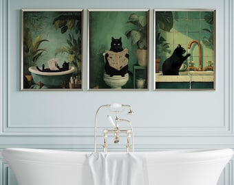 Black Cat Vintage Green Bathroom Print Set of 3 Poster or Canvas, Quirky Cat in a Bathtub Print, Cat on Toilet Funny Print, Restroom Decor
