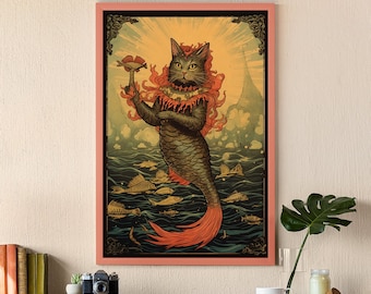 Old Nautical Mermaid Cat Wall Art Canvas, Whimsical Cat With Tail Poster, Vintage Mermaid Cat Print, Unique Home Perfect Gift For Cat Lovers