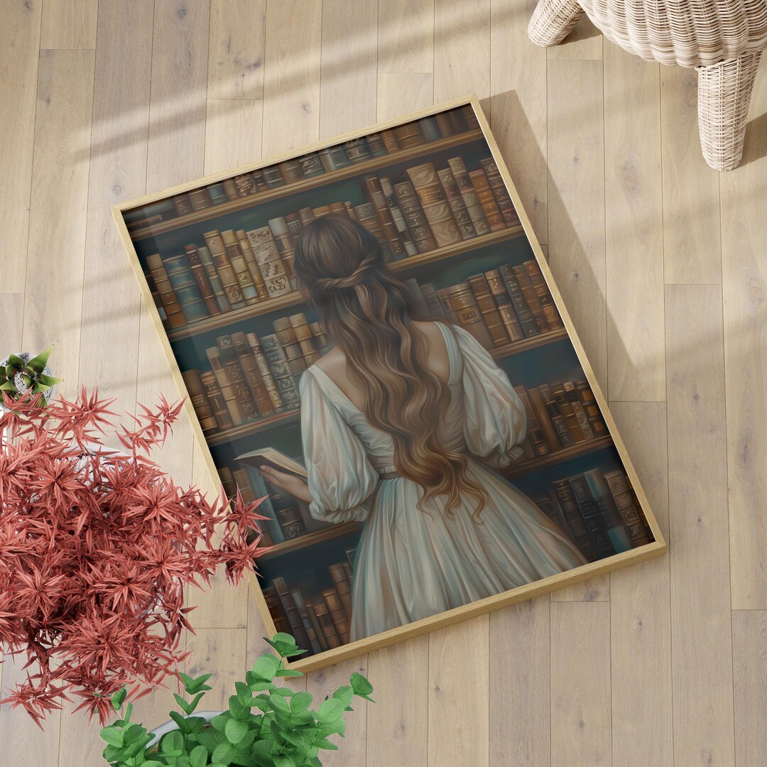 Bookworm Girl Vintage Art Poster or Canvas Print, Woman in Library Art ...
