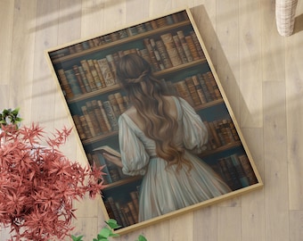 Bookworm Girl Vintage Art Poster or Canvas Print, Woman In Library Art, Bookish Woman Wall Art Book Lovers Gift Print, Dark Goblincore Decor