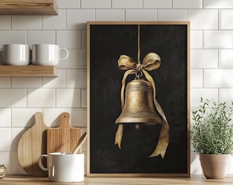 Vintage Christmas Bell Wall Art Poster or Canvas Print, Dark Moody Holiday Print, Rustic Oil Painting Xmas Ornament Mantel Festive Decor