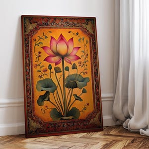Indian Lotus Flower Painting Poster or Canvas Print, Traditional Floral Wall Decor, Vintage Botanical Poster, Ethic Flower Art Home Decor