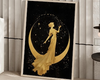 Vintage Moon Lady Wall Art Poster or Canvas Print, Celestial Woman on Crescent Moon Poster, Boho Lunar Print, Starry Night Black Gold Decor