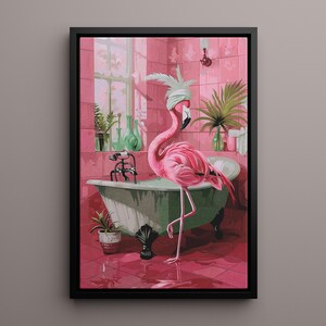 May include: A pink flamingo with a white towel on its head is taking a bath in a green bathtub with black fixtures. The bathroom is tiled in pink and has green plants.