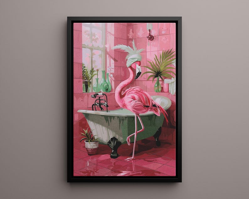 May include: A pink flamingo with a white towel on its head is taking a bath in a green bathtub with black fixtures. The bathroom is tiled in pink and has green plants.