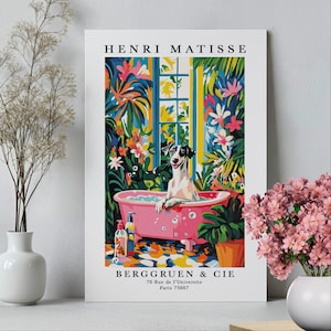 Greyhound in Bathtub Wall Art Poster or Canvas Print, Funny Bathroom Print, Henri Matisse Artwork, Maximalist Animal Decor, Whimsy Dog Print