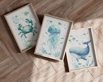 Blue Green Sea Animals Set of 3 Watercolor Prints Poster or Canvas, Coastal Nursery Print, Under the Sea Kids Room Decor, Sealife Art Print