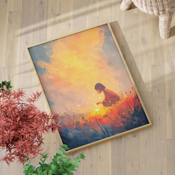 Girl and Fireflies in the Meadow Sunset Art Print Poster or Canvas, Whimsical Nature Dreamy Wall Art, Abstract Magical Landscape Painting