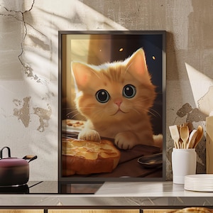 Whimsical Little Cat Eating Bread Toast Wall Art Print or Canvas, Toast and Cat Modern and Trendy Kitchen Decor, Perfect Gift for Cat Lovers